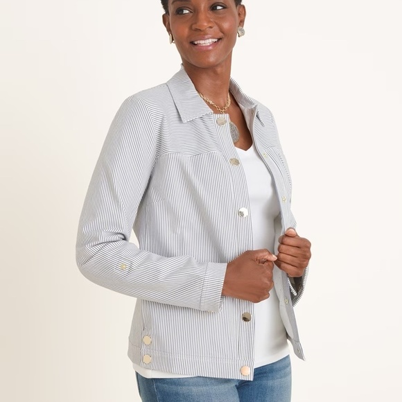 Chico’s black and white striped jacket-bi-stretch button detail sz 3 (US 16/18) - Picture 1 of 16
